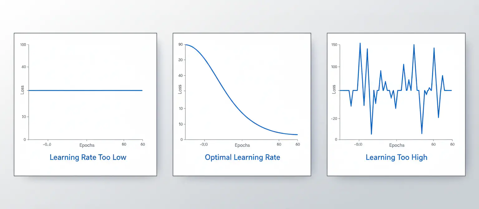Three loss curves showing learning rate failure modes: too low (flat line), optimal (smooth descent), too high (chaotic oscillation)