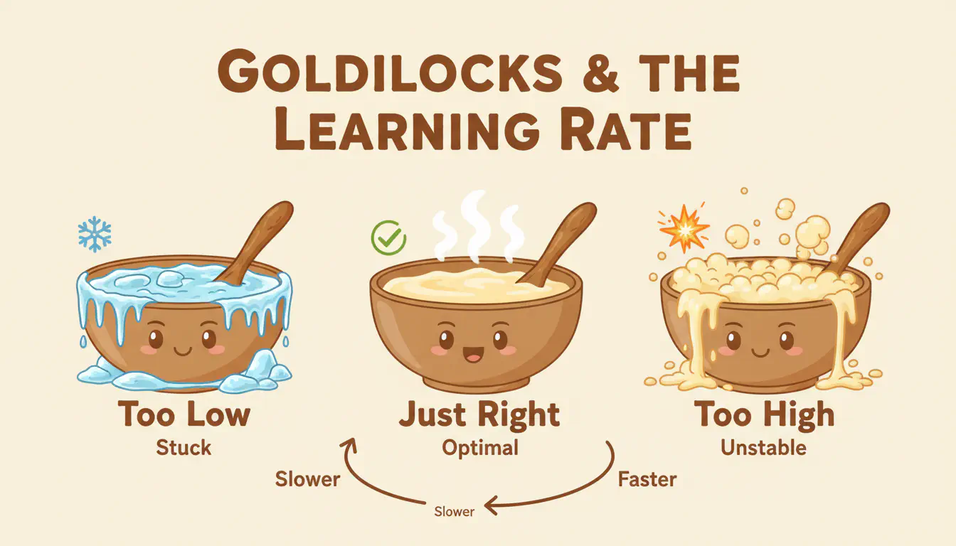 Goldilocks and the Learning Rate: three bowls showing too low (frozen), just right (optimal), and too high (boiling over)