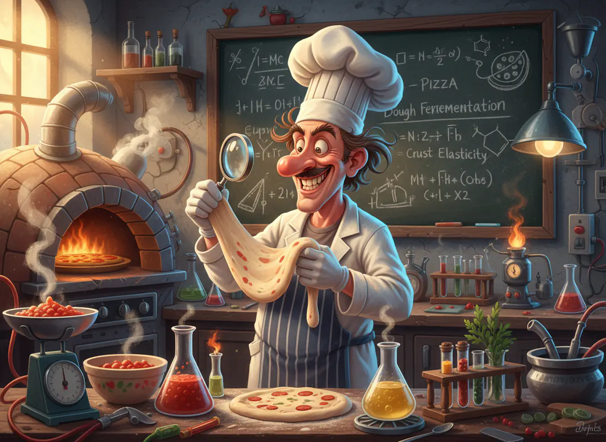 A mad scientist chef examining pizza dough with scientific equipment and formulas on a chalkboard
