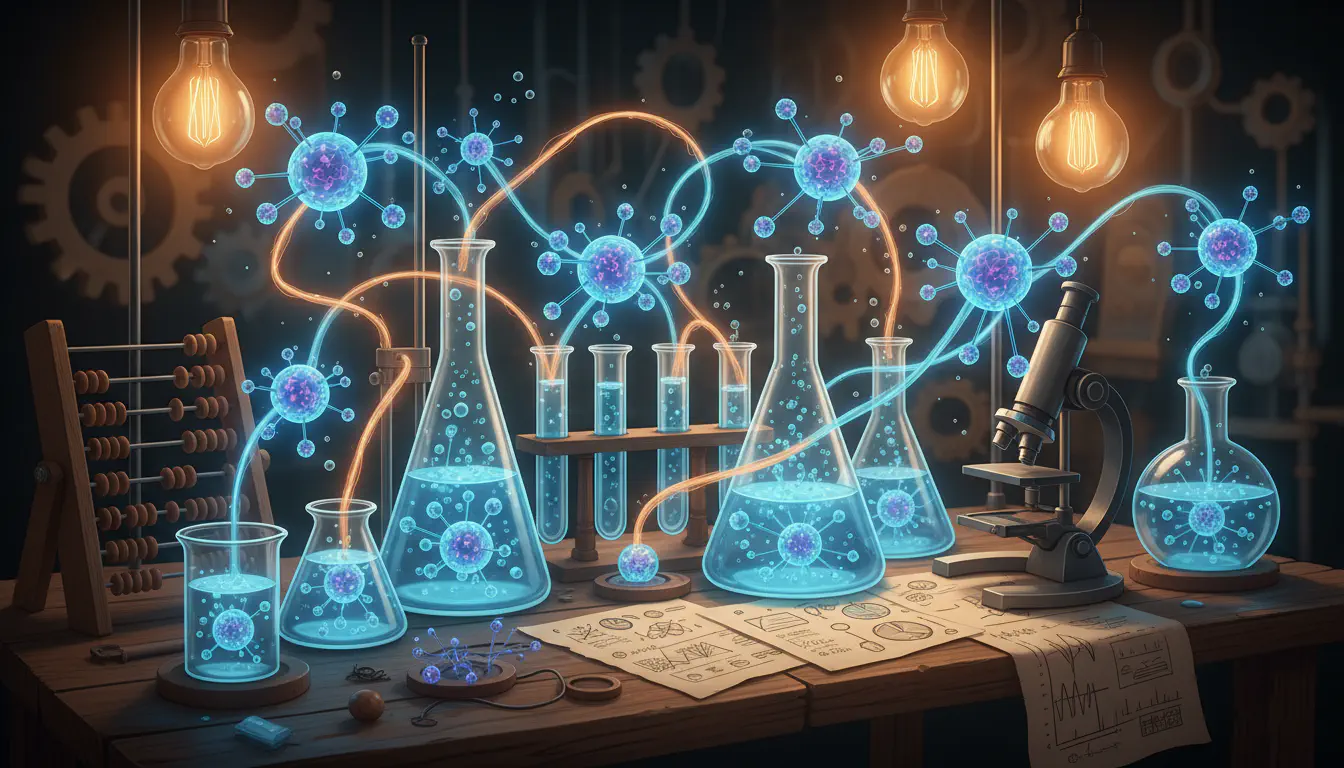 A whimsical laboratory scene with neural network nodes floating in beakers and test tubes