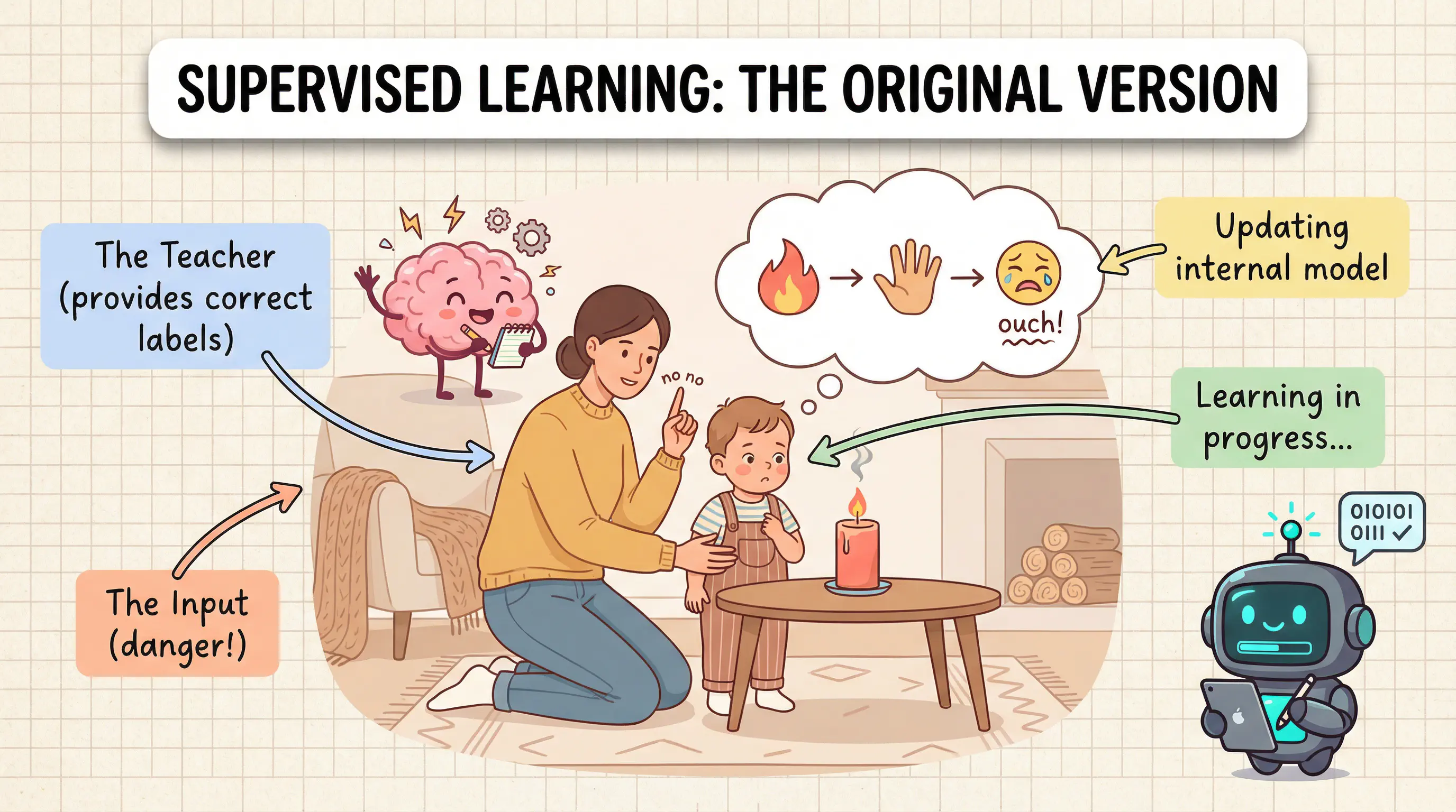 A parent teaching a child about fire - supervised learning the original version