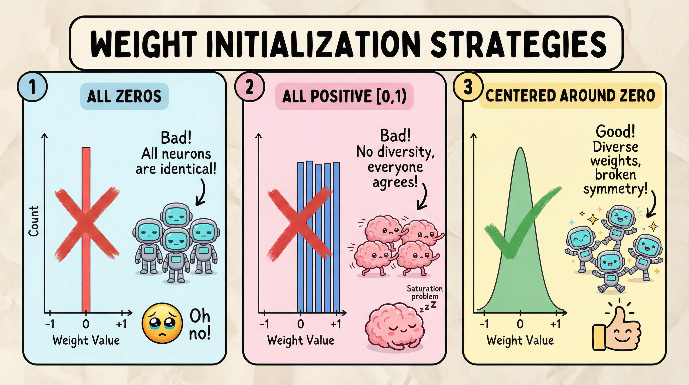 Comparison of weight initialisation distributions: all zeros, all positive, and centered around zero