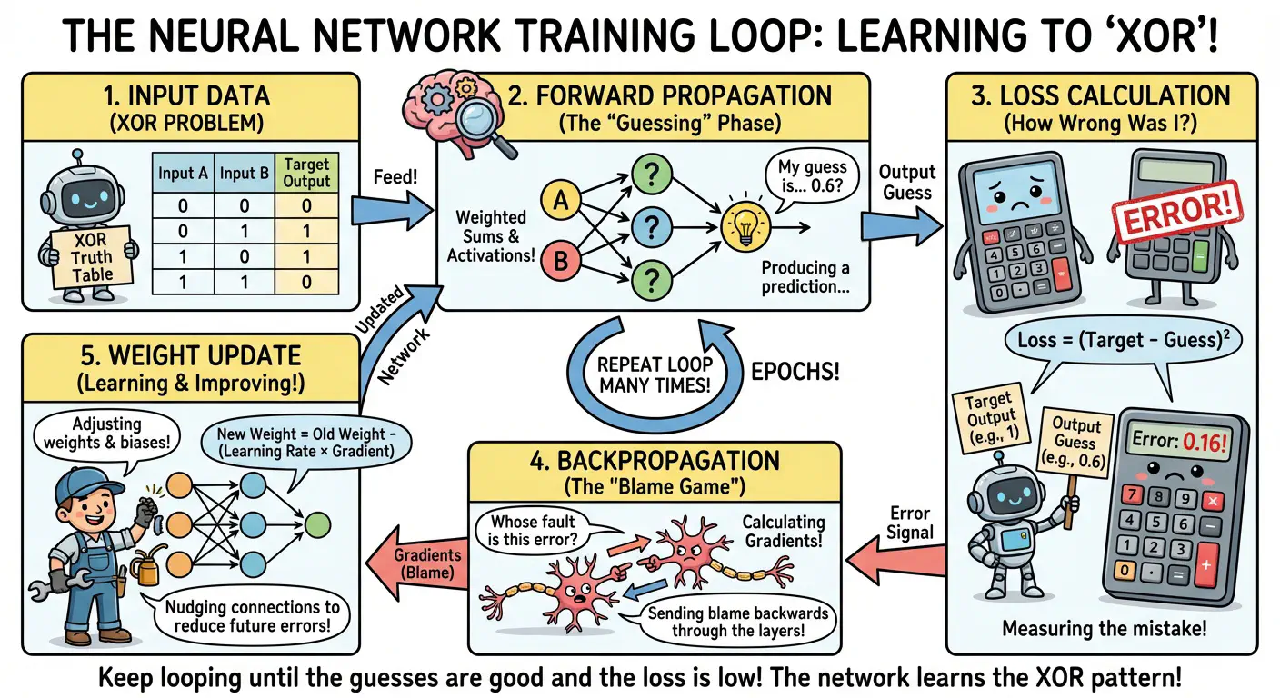 Neural network architecture diagram showing layers processing XOR problem